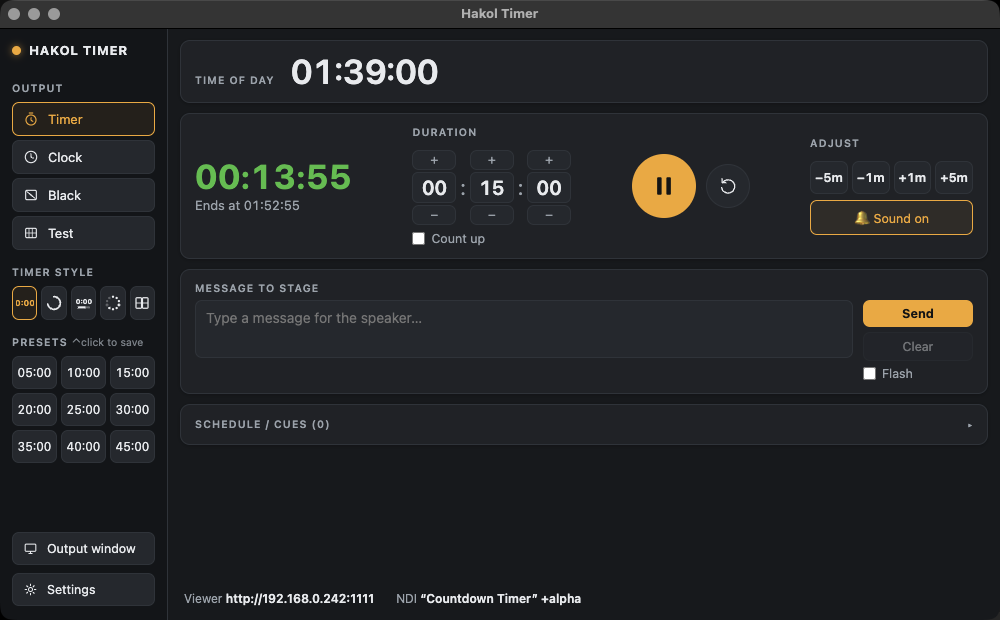 Hakol Timer conference countdown timer with a run of show